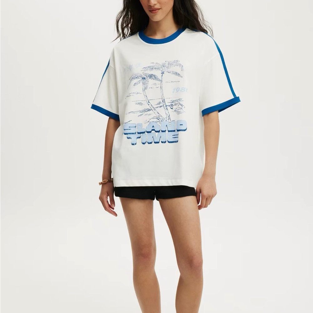 NWOT Cotton On Vacay Graphic Oversized Tee Blue/White XS